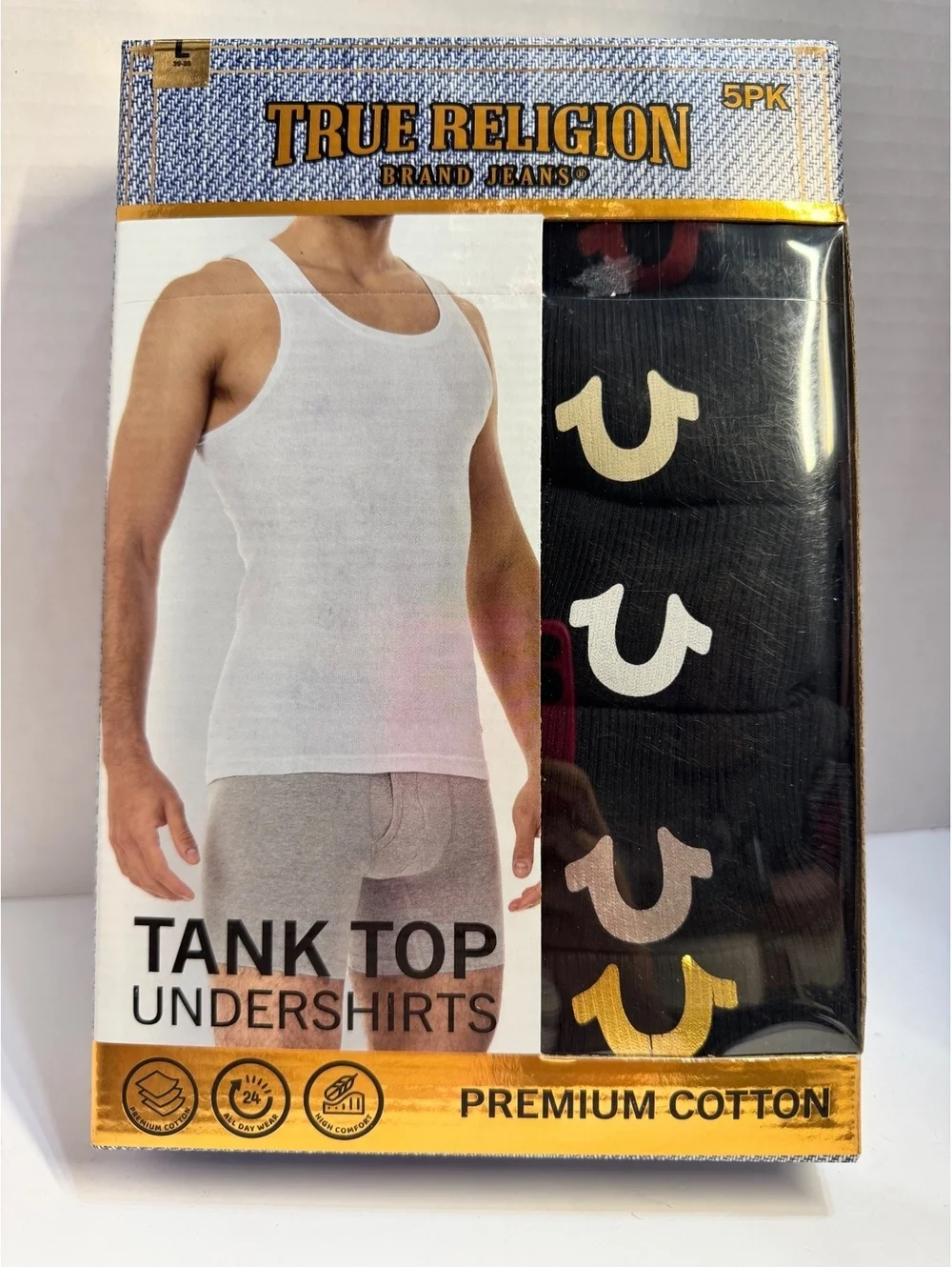 True Religion Men's Premium Cotton 5-Pk Black Tanks w/ Logo Size L 36-38